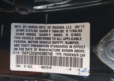 2017 Honda Civic Lx z USA, uszkodzony, nr VIN 19XFC2E52HE080745